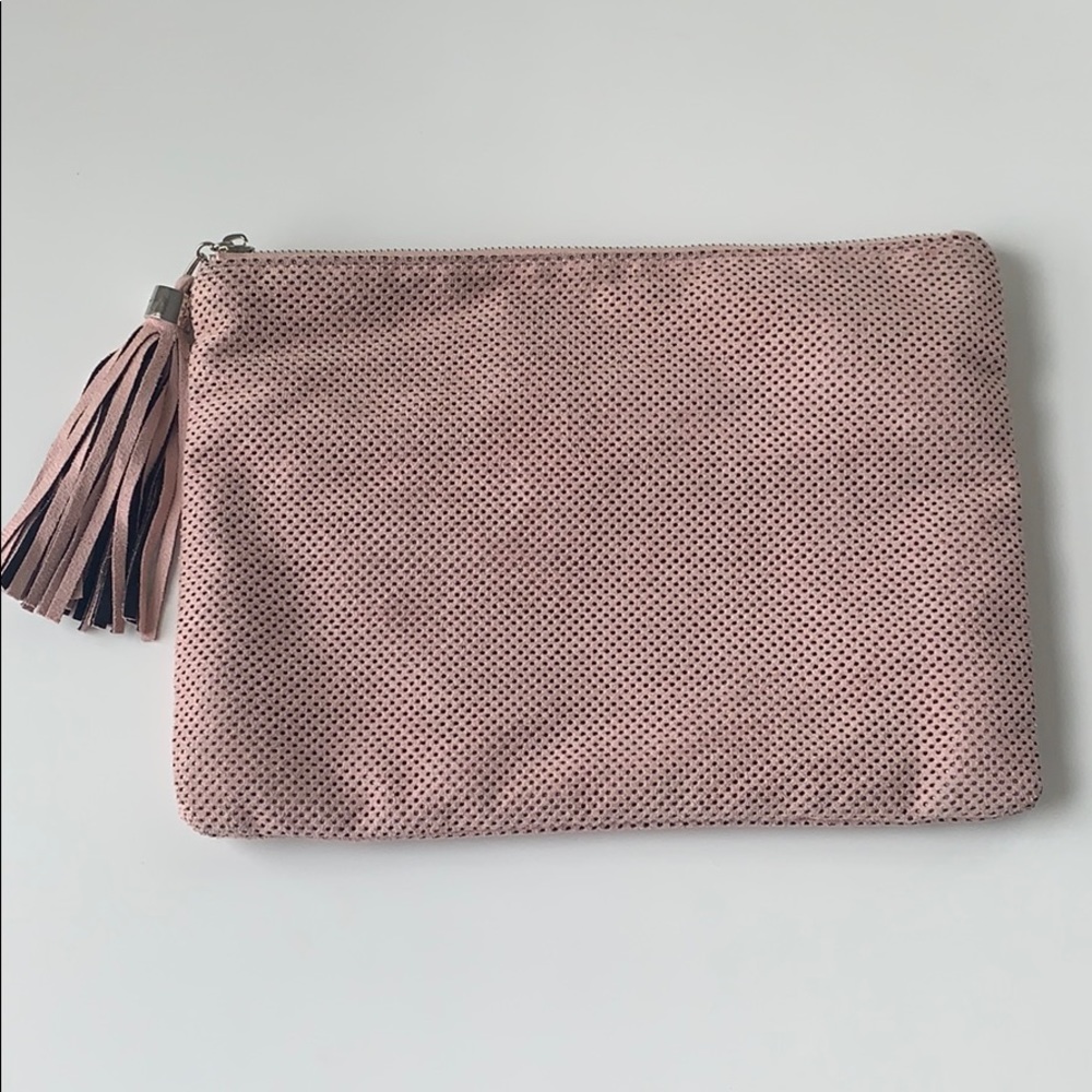 Light pink suede tassel clutch